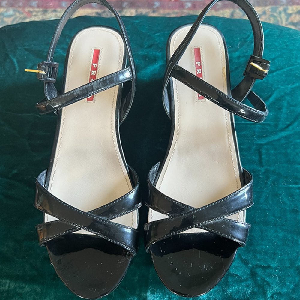 PRADA Black Patent Leather Wedge Sandals